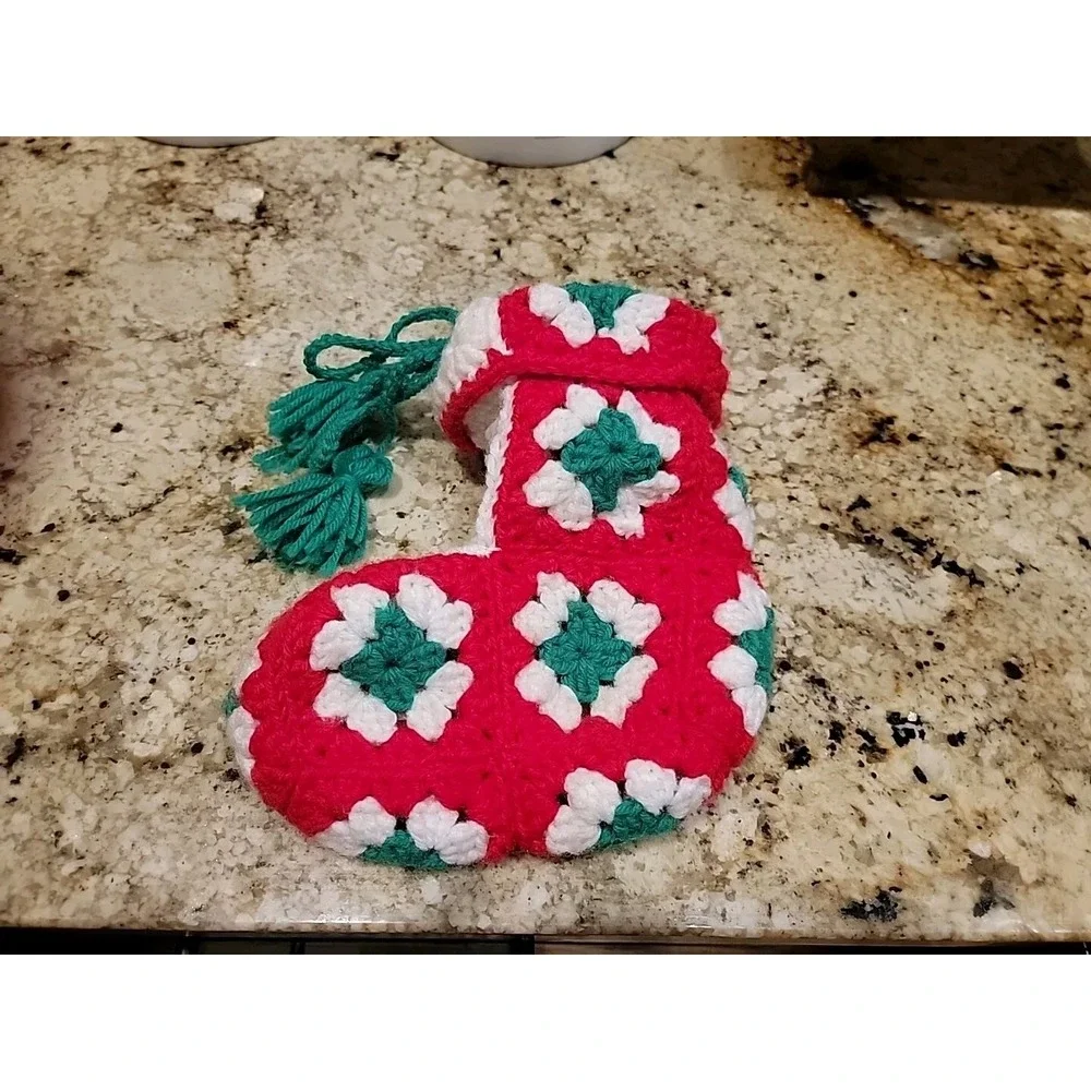 Vintage Granny Square Christmas Stocking Hand Crochet Red White Green Mini